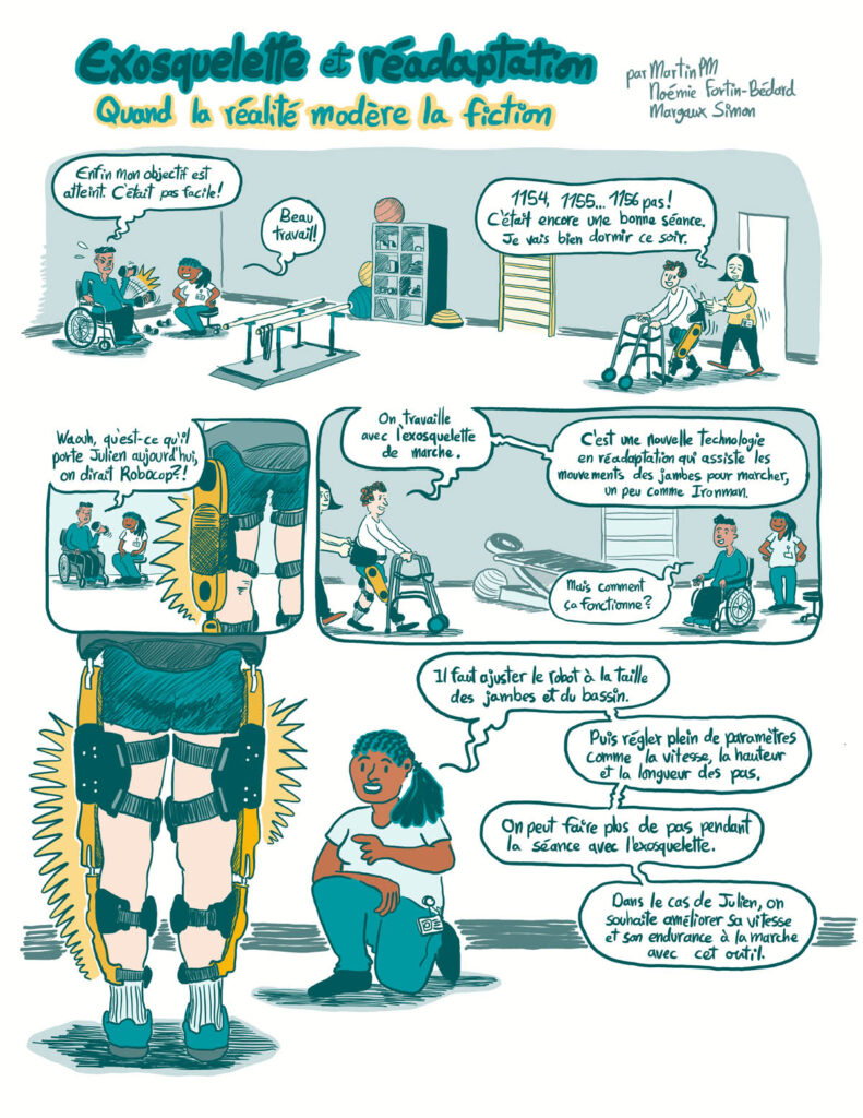 Comic strip on the use of an exoskeleton